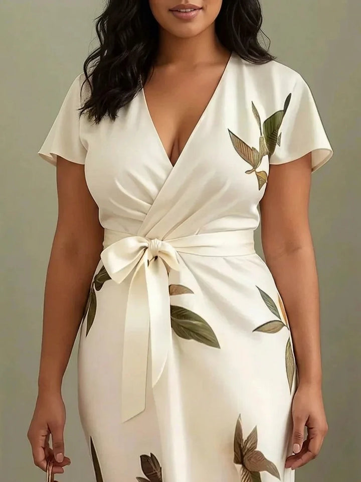 Judy | White Leaf Short Sleeve Satin Midi Dress