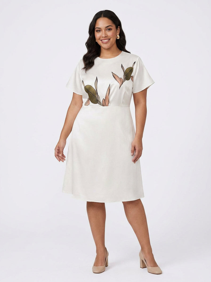 Judy | White Leaf Short Sleeve Satin Midi Dress