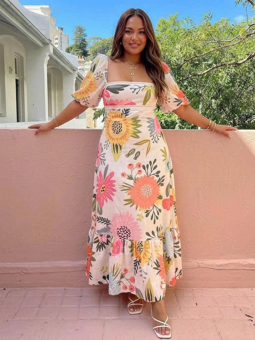 Ivy | Holiday Square Neck Floral Print Maxi Dress