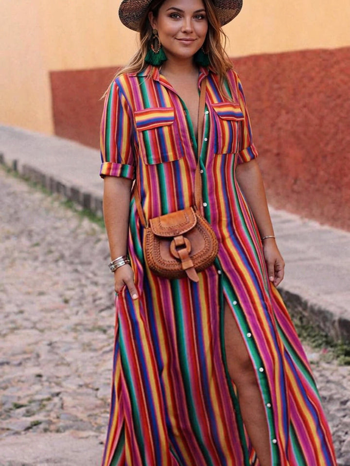 Nancy | Summer Casual Striped Printed Shirt Maxi Skirt