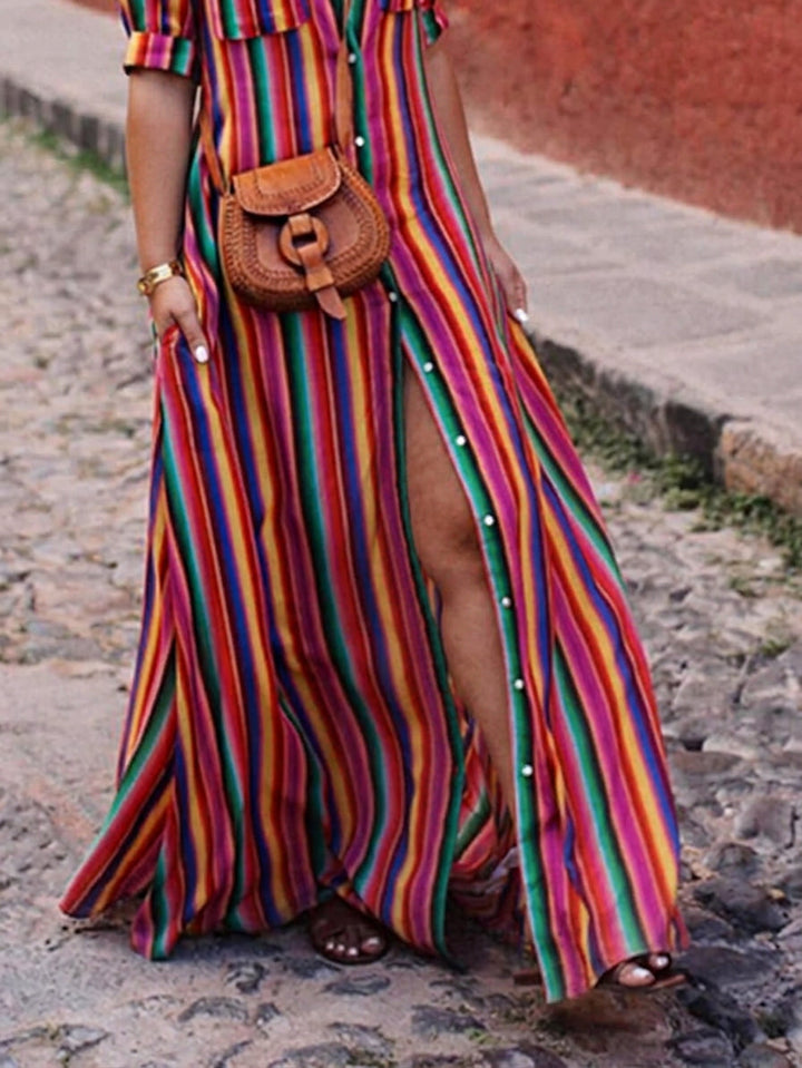 Nancy | Summer Casual Striped Printed Shirt Maxi Skirt