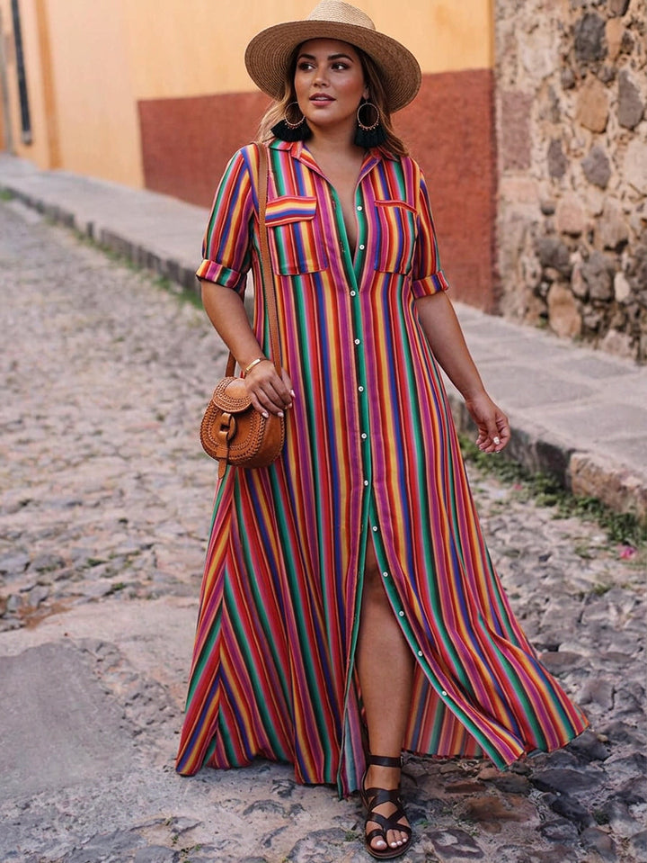Nancy | Summer Casual Striped Printed Shirt Maxi Skirt