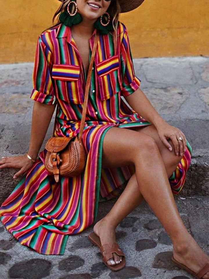 Nancy | Summer Casual Striped Printed Shirt Maxi Skirt