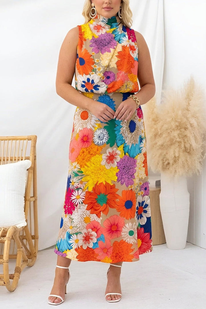 Summer | Sleeveless Tie Neck Waisted Floral Print Maxi Dress