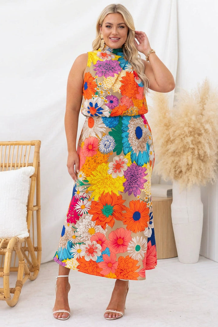 Summer | Sleeveless Tie Neck Waisted Floral Print Maxi Dress