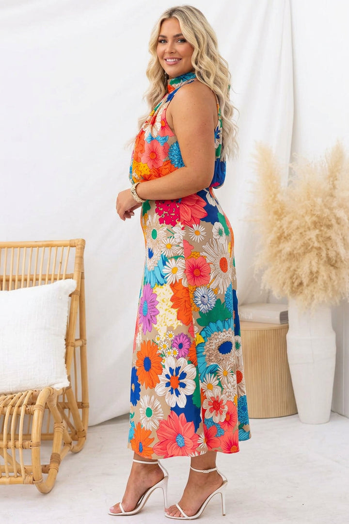 Summer | Sleeveless Tie Neck Waisted Floral Print Maxi Dress
