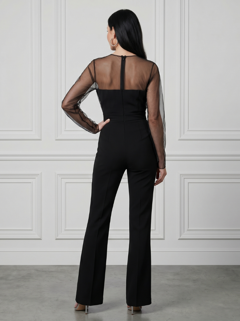 Oksana | Sheer Fitted Bodice Flared Leg Jumpsuit