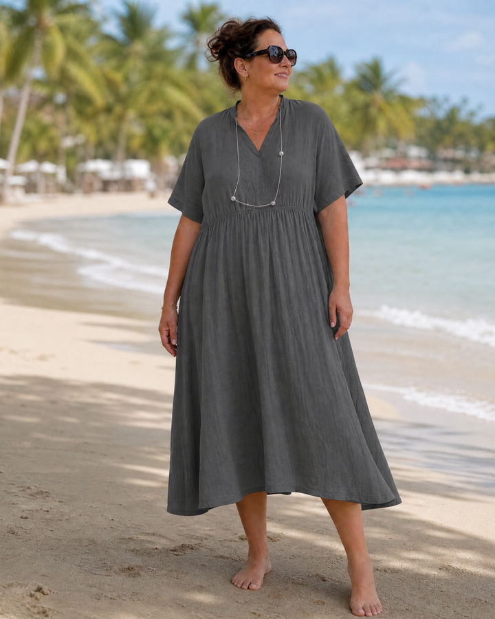 Eupherene | Textured V Neck Relaxed Short Sleeve Midi Dress