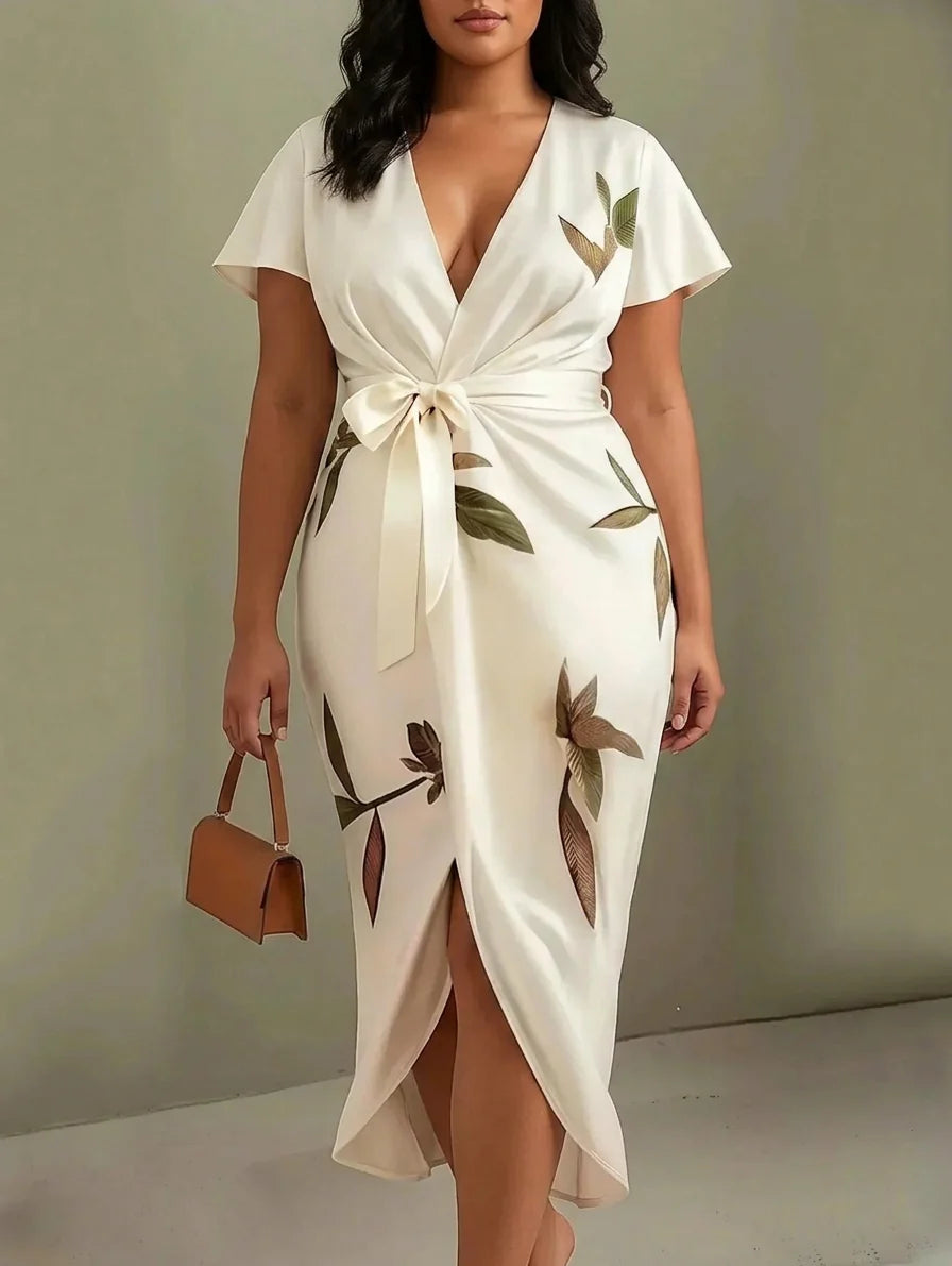 Judy | White Leaf Short Sleeve Satin Midi Dress