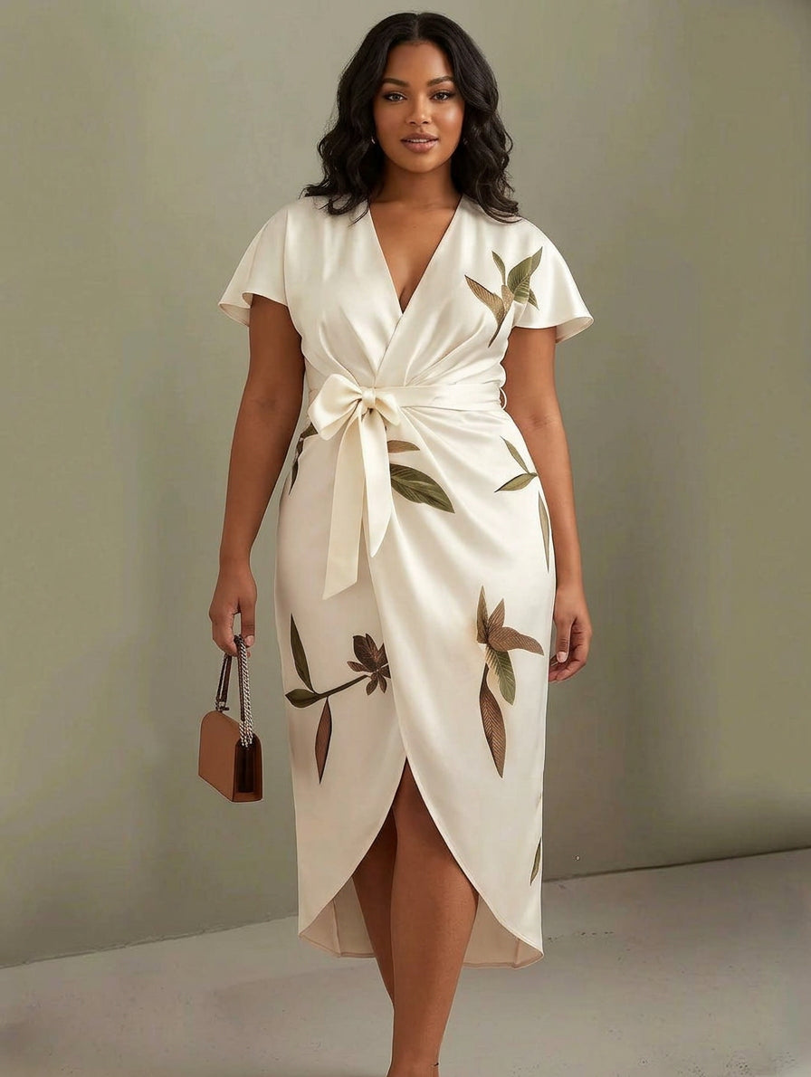 Judy | White Leaf Short Sleeve Satin Midi Dress