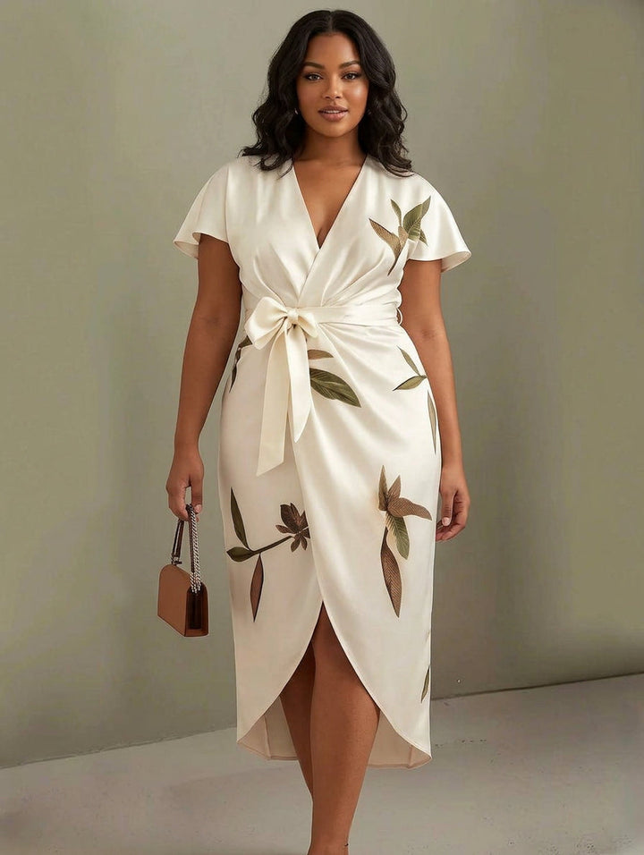 Judy | White Leaf Short Sleeve Satin Midi Dress