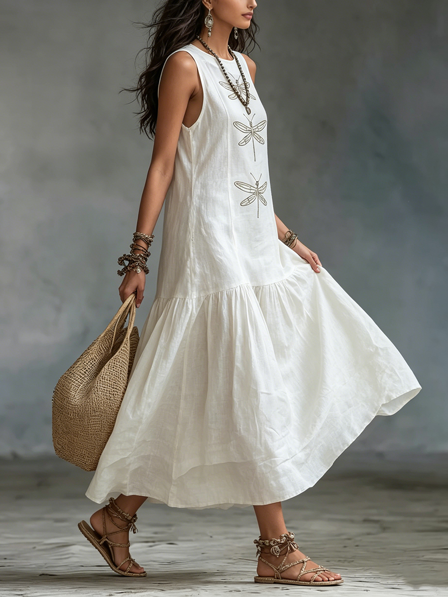 Thea | Dragonfly Embroidered Sleeveless Maxi Dress
