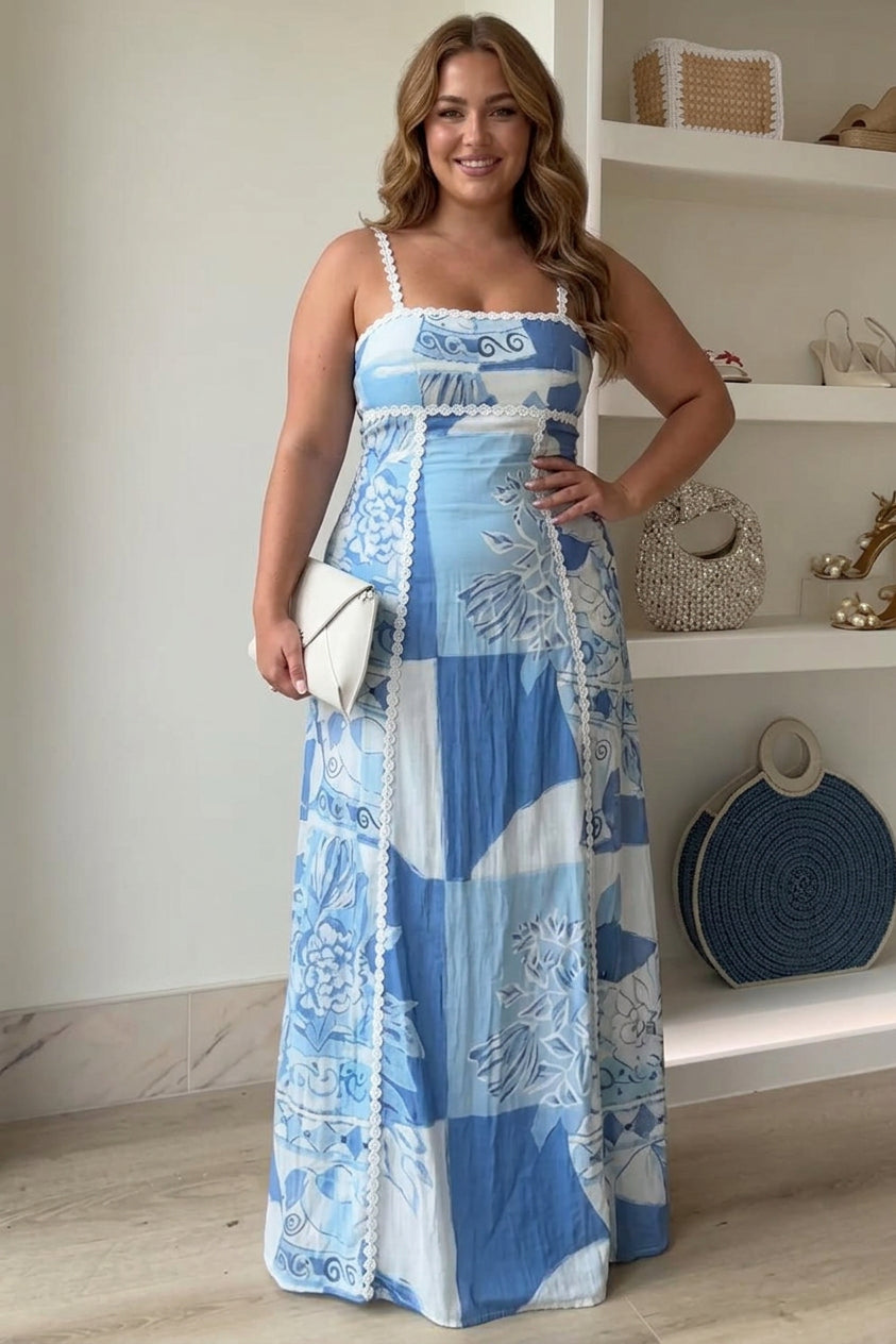 Eleonore | Ric Rac Strap Bow Back Printed Maxi Dress