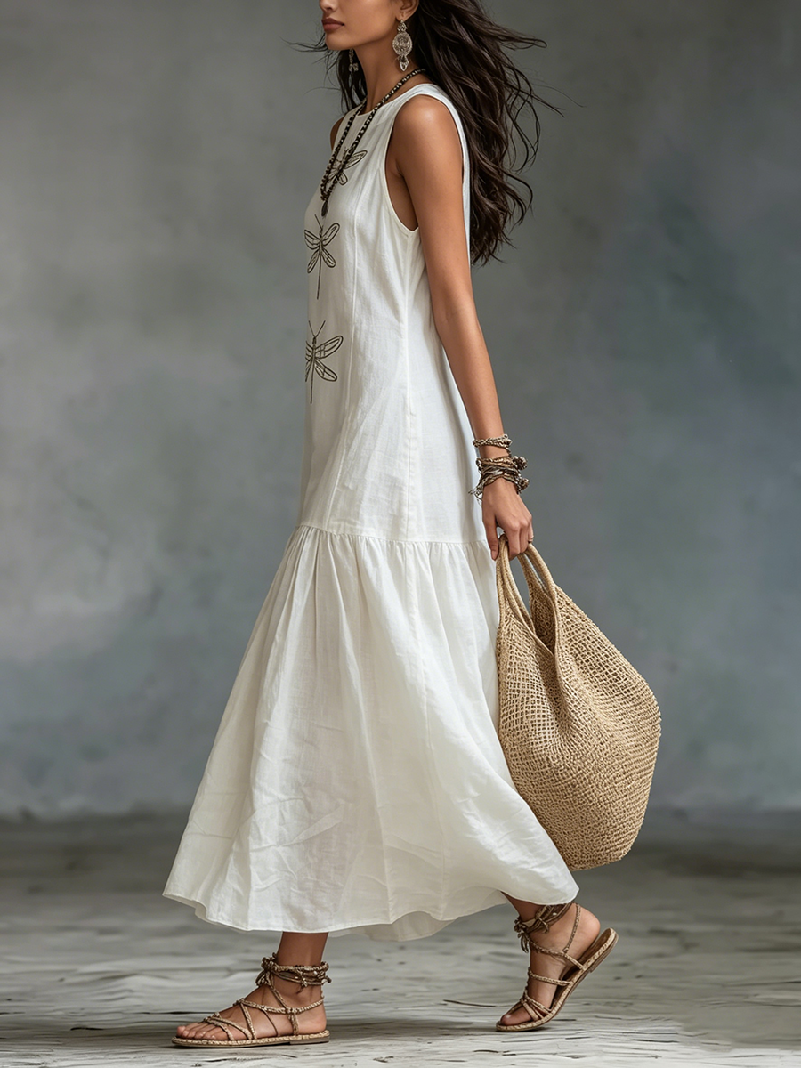 Thea | Dragonfly Embroidered Sleeveless Maxi Dress