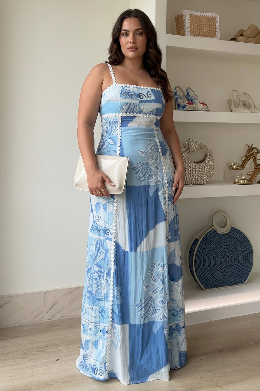 Eleonore | Ric Rac Strap Bow Back Printed Maxi Dress