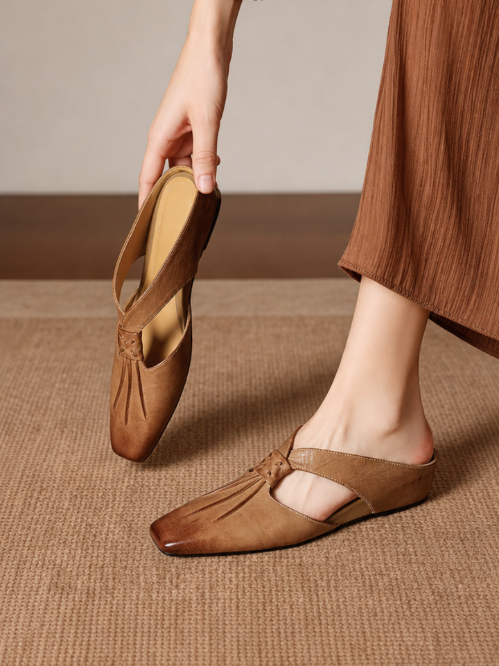 Olene | Square-Toe Pleated Strap Mules