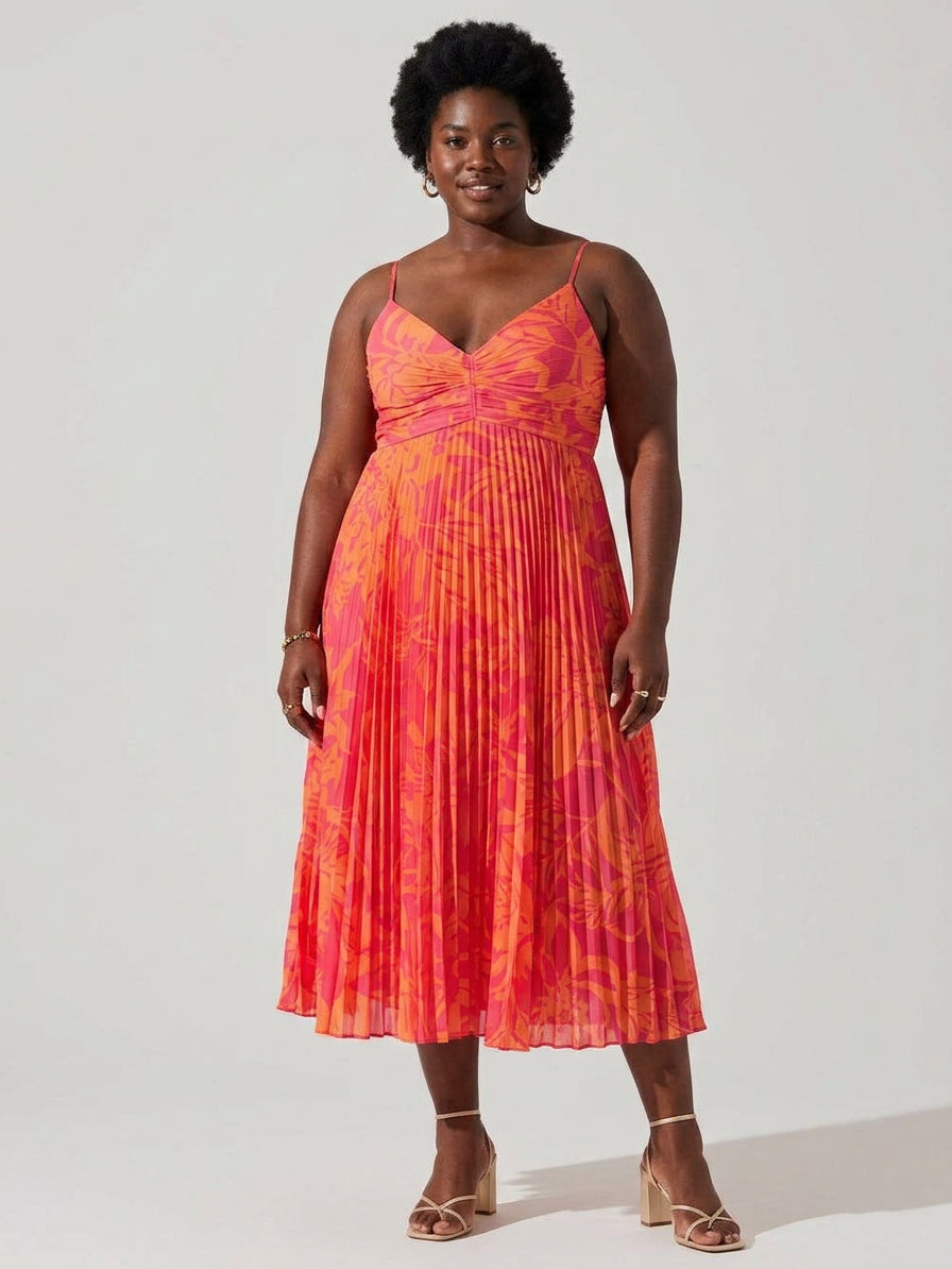Heather | Coastal Chic Elegant Floral Print Pleats Midi Dress Collection