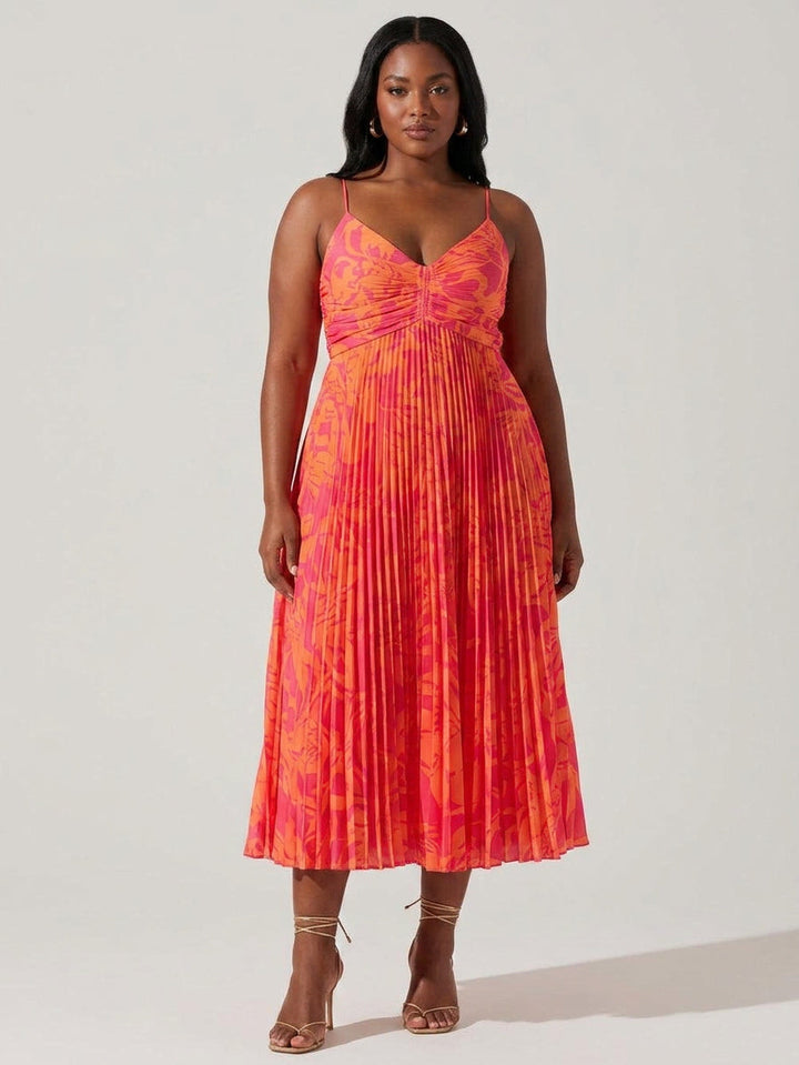 Heather | Coastal Chic Elegant Floral Print Pleats Midi Dress Collection