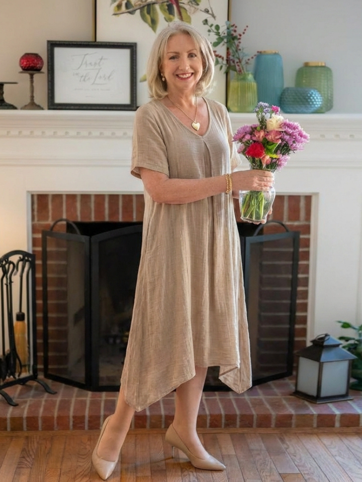 Marianne | Short Sleeve V Neck Midi Dress
