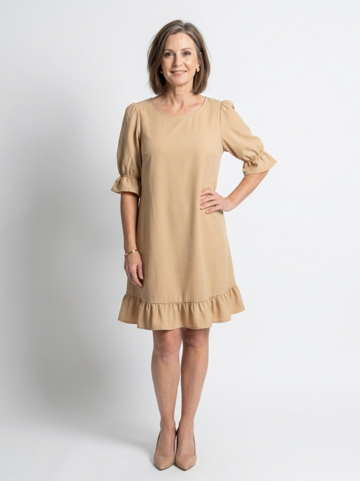 Helen | Short Sleeve Ruffle Hem Knee Length Dress