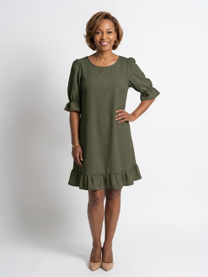 Helen | Short Sleeve Ruffle Hem Knee Length Dress