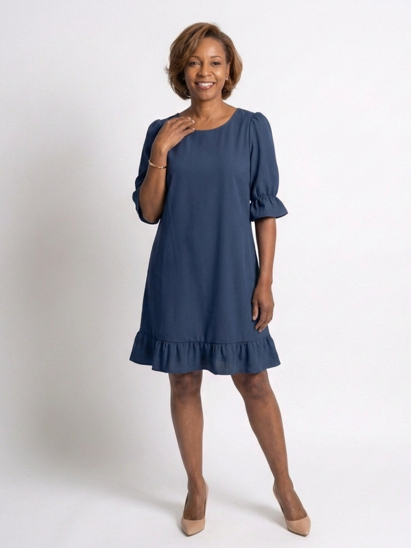 Helen | Short Sleeve Ruffle Hem Knee Length Dress