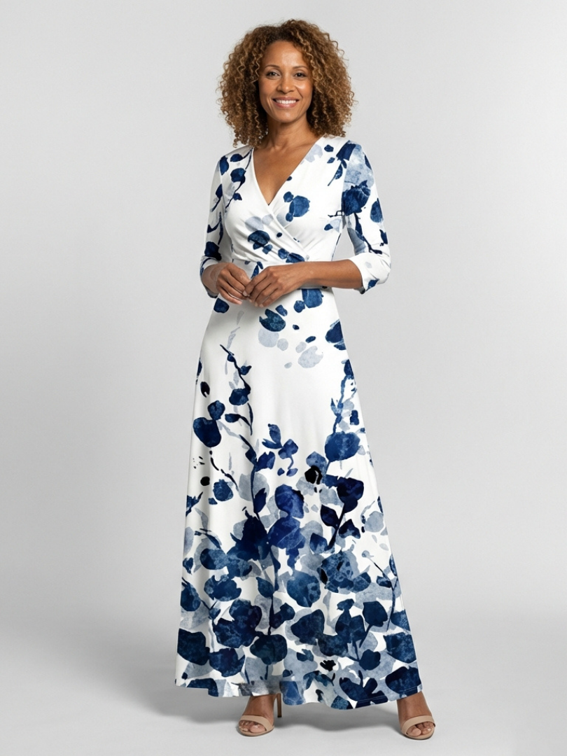 Eleanor | Three Quarter Sleeve V Neck Floral Maxi Dress