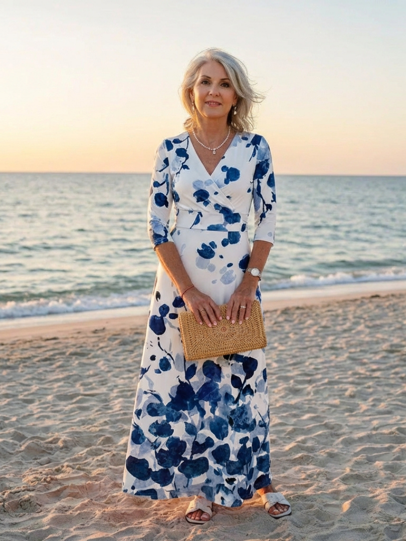 Eleanor | Three Quarter Sleeve V Neck Floral Maxi Dress