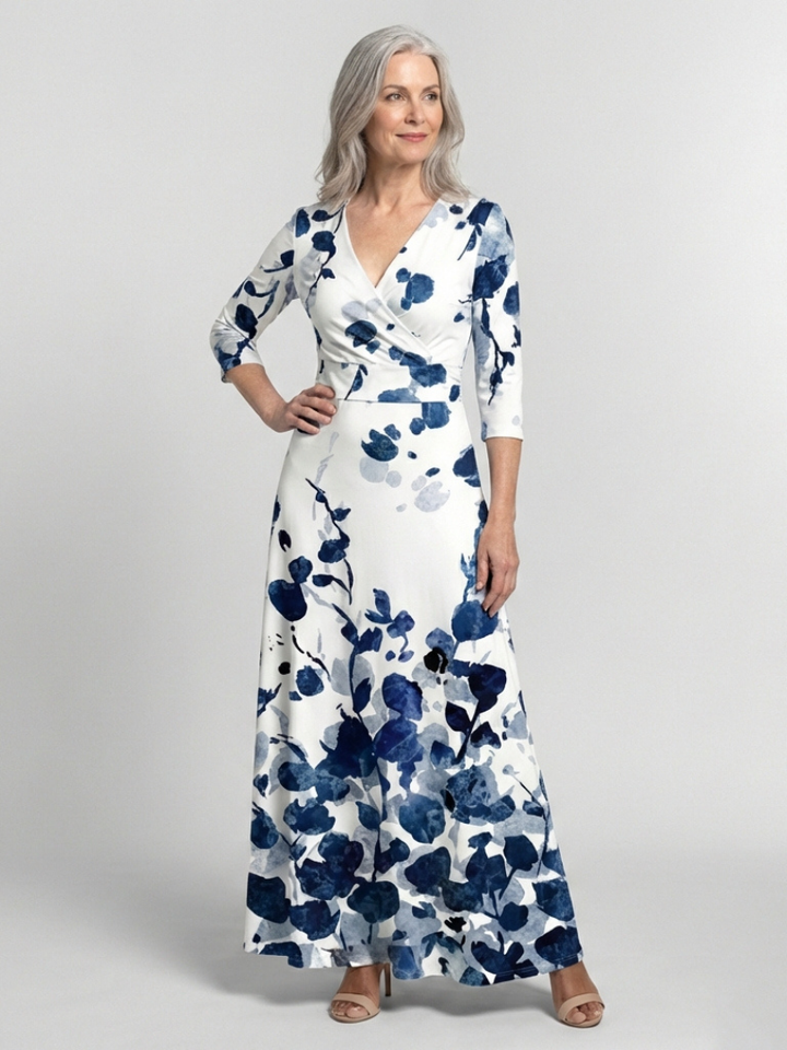 Eleanor | Three Quarter Sleeve V Neck Floral Maxi Dress