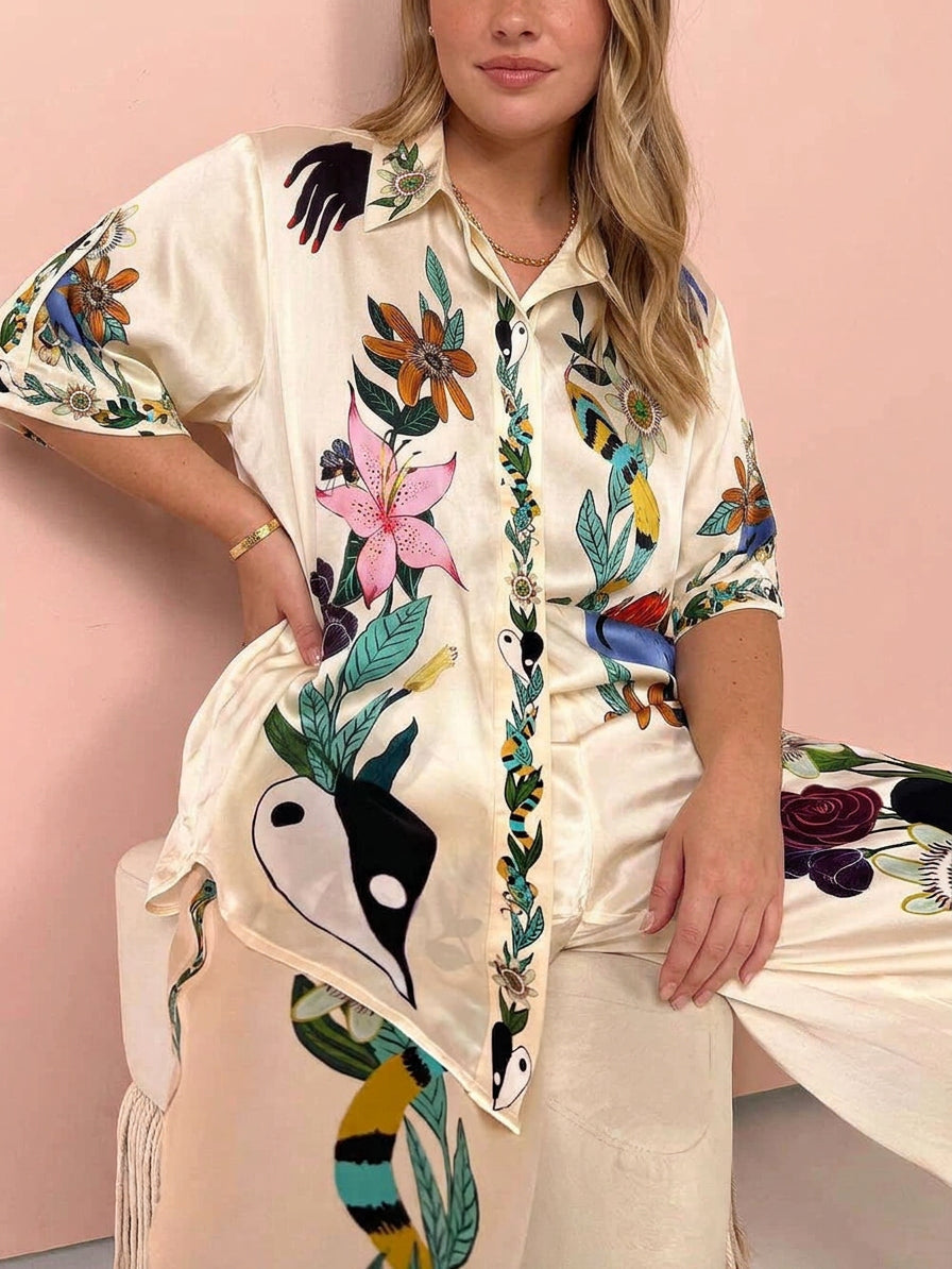 Nika | Resort Vibes Satin unique print shirt & trousers set Fit