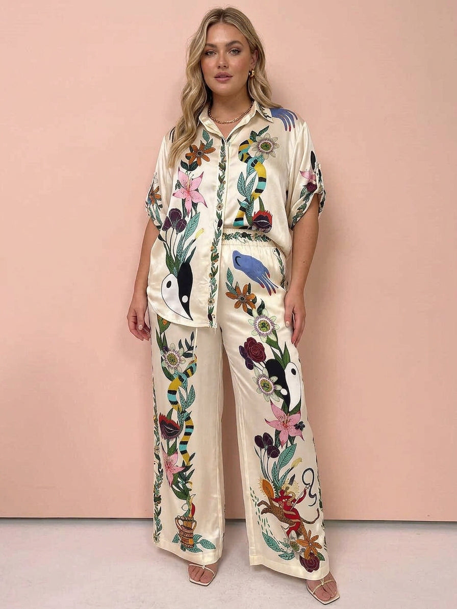 Nika | Resort Vibes Satin unique print shirt & trousers set Fit