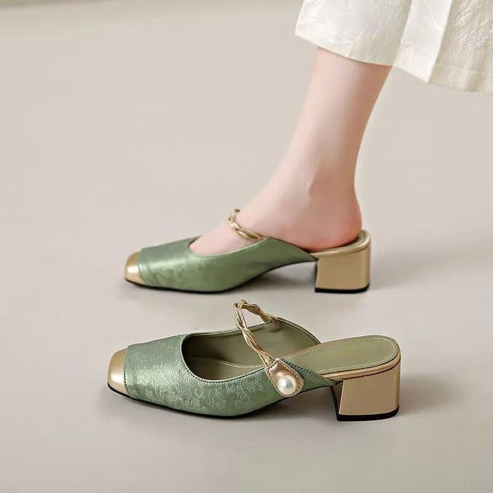 Melina | Square-Toe Pearl Strap Heel Mules