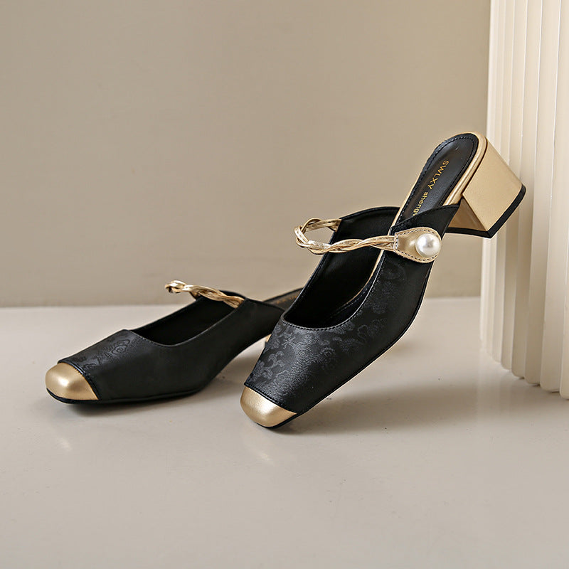 Melina | Square-Toe Pearl Strap Heel Mules