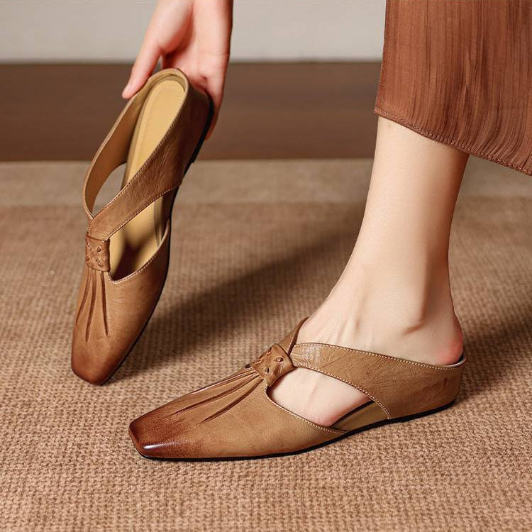 Olene | Square-Toe Pleated Strap Mules