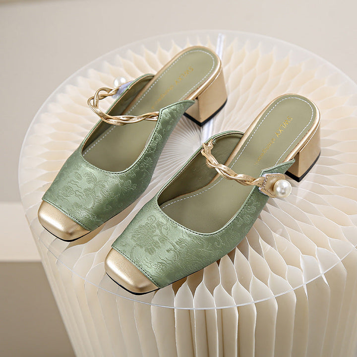 Melina | Square-Toe Pearl Strap Heel Mules