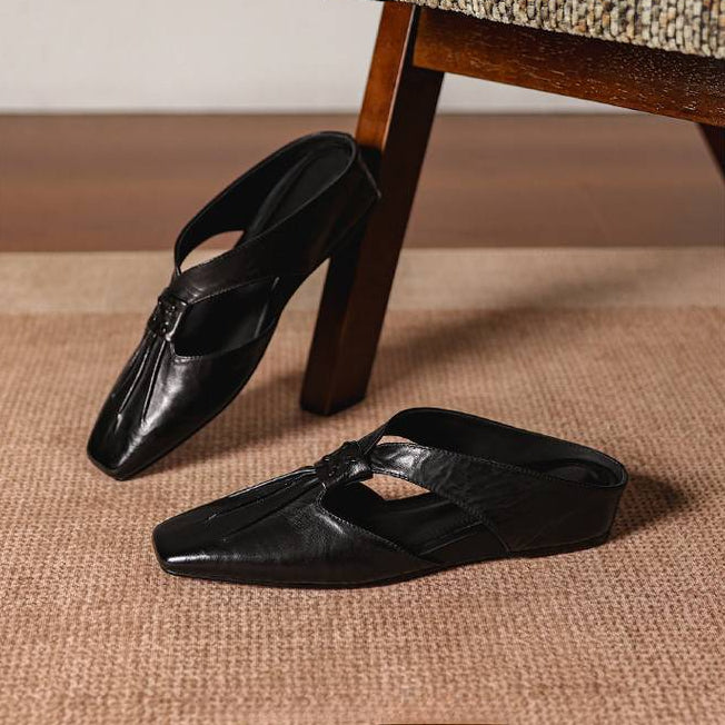 Olene | Square-Toe Pleated Strap Mules