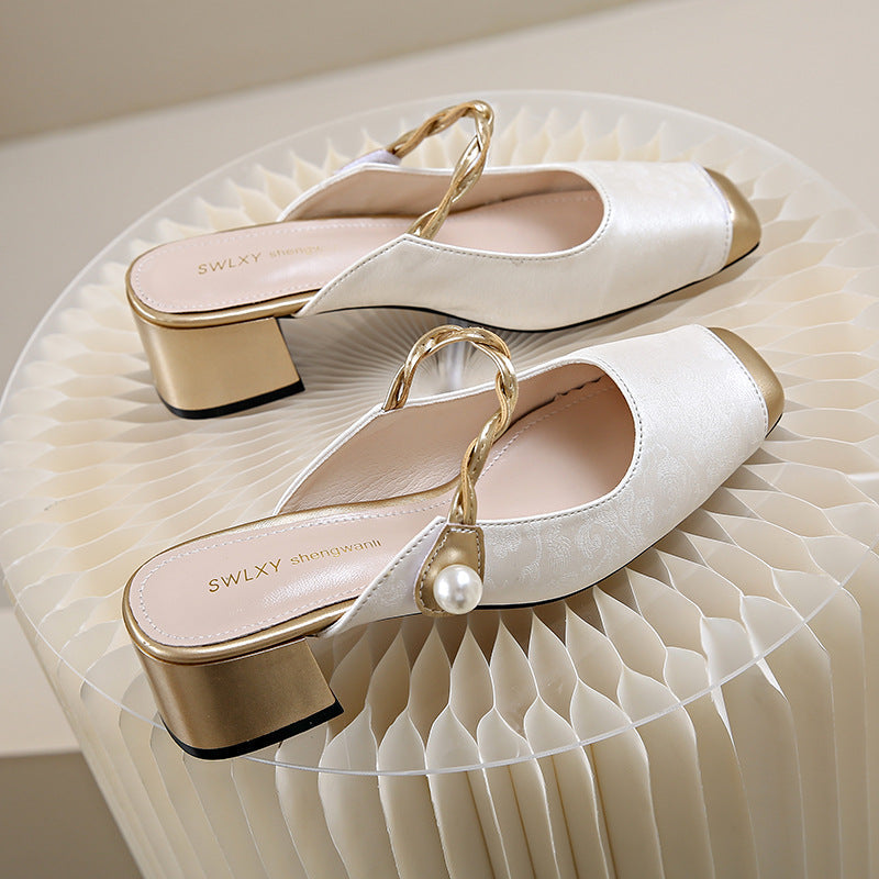 Melina | Square-Toe Pearl Strap Heel Mules