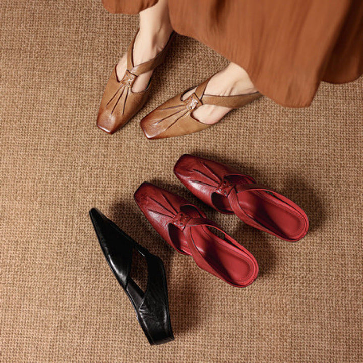 Olene | Square-Toe Pleated Strap Mules