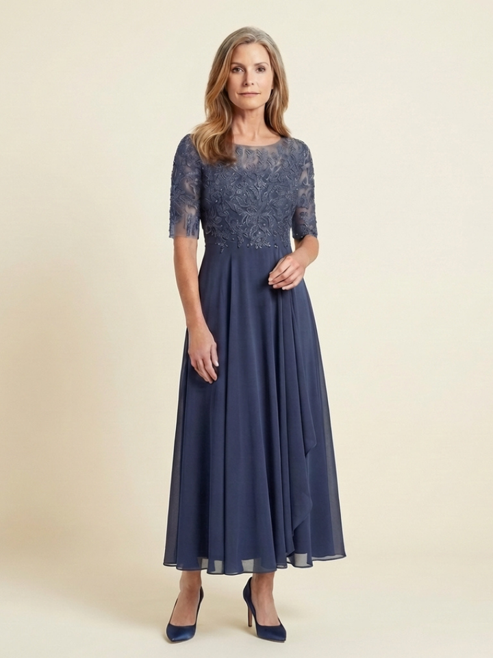 Vivian | Lace Bodice Three Quarter Sleeve Midi Dress