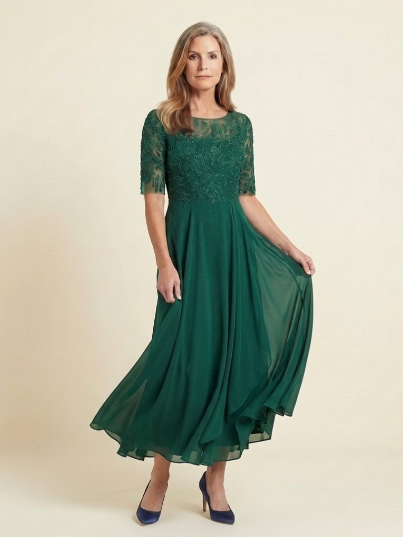 Vivian | Lace Bodice Three Quarter Sleeve Midi Dress