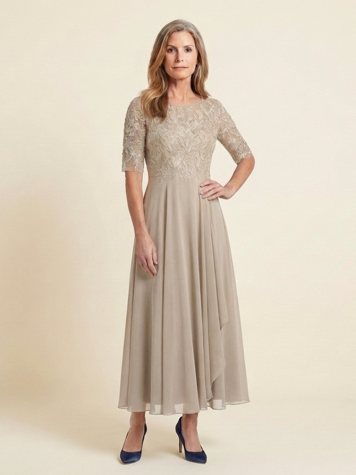 Vivian | Lace Bodice Three Quarter Sleeve Midi Dress