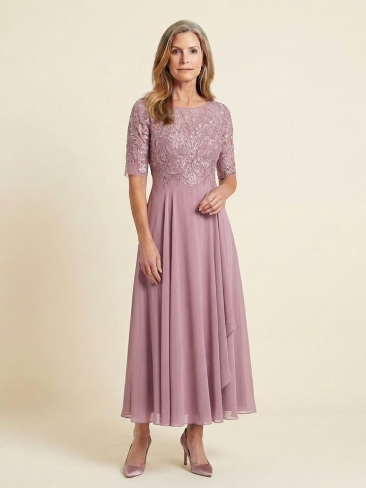 Vivian | Lace Bodice Three Quarter Sleeve Midi Dress