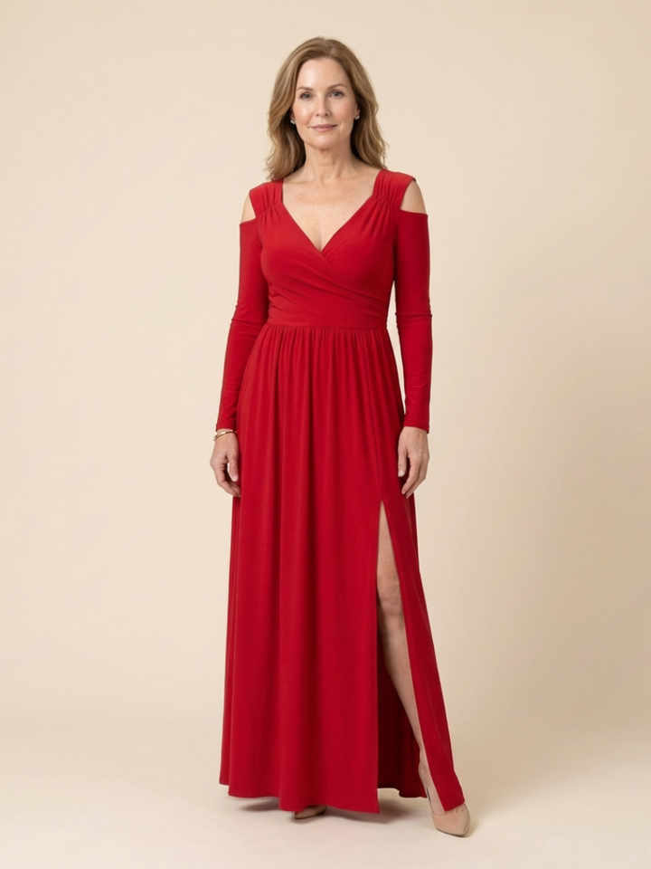 Althea | Long Sleeve V Neck Maxi Dress With Slit