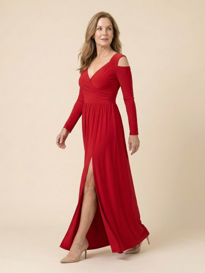 Althea | Long Sleeve V Neck Maxi Dress With Slit