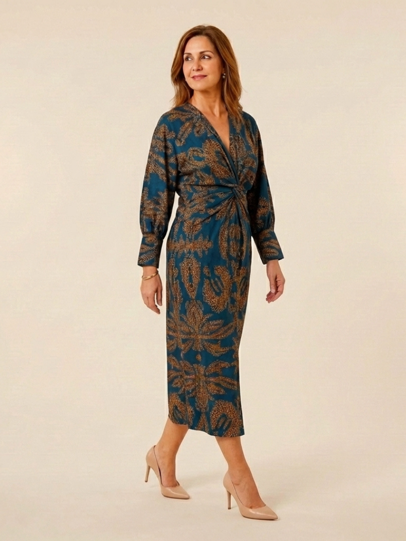 Corinna | Long Sleeve V Neck Twist Front Midi Dress