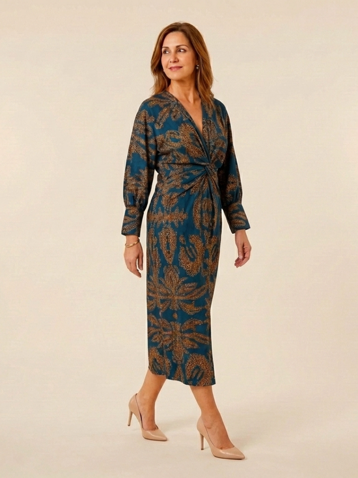Corinna | Long Sleeve V Neck Twist Front Midi Dress
