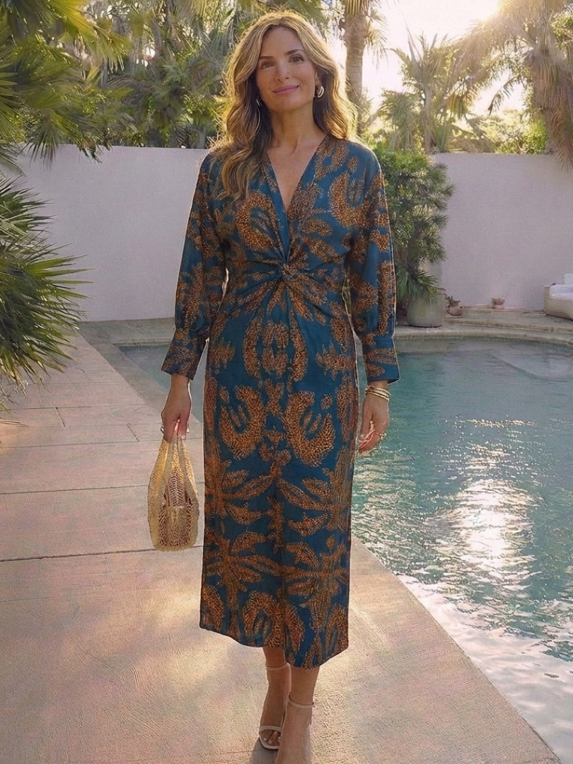 Corinna | Long Sleeve V Neck Twist Front Midi Dress