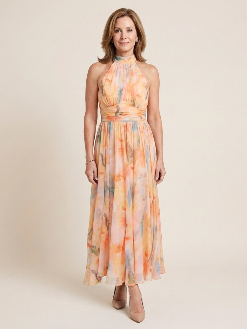 Elara | Sleeveless High Neck Gathered Waist Midi Dress