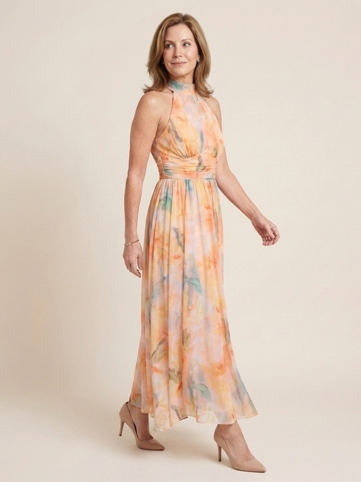 Elara | Sleeveless High Neck Gathered Waist Midi Dress