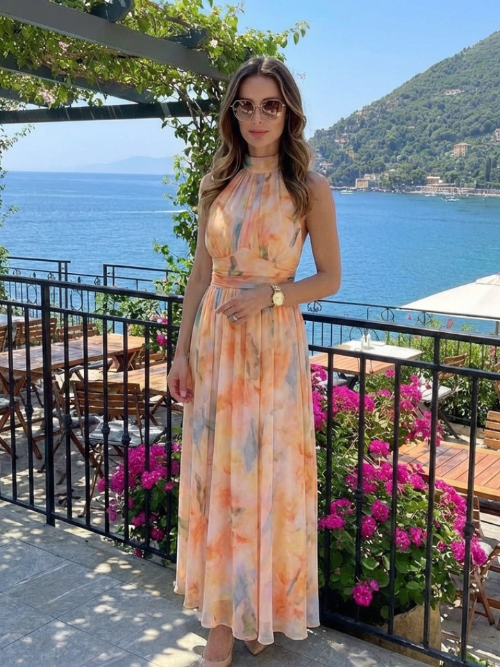 Elara | Sleeveless High Neck Gathered Waist Midi Dress